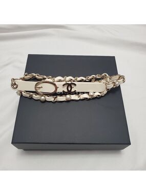Chanel 18K Pearl Leather Chain Belt White GHW Size 80